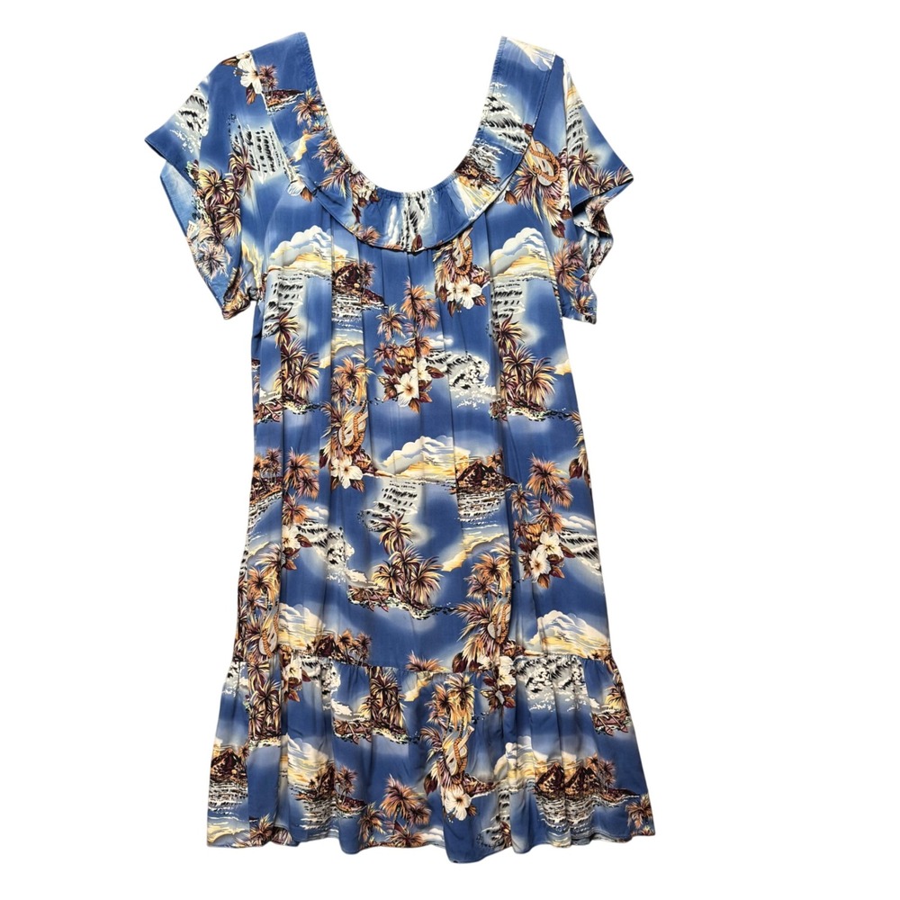 Hilo Hattie Hawaiian Muumuu Dress Tropical Palm Floral Blue 3XL Made in Hawaii